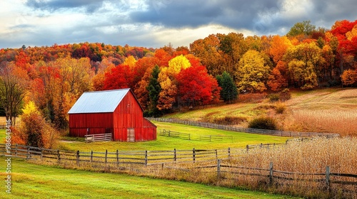 A scenic fall season with vibrant oranges, reds, and yellows covering the countryside