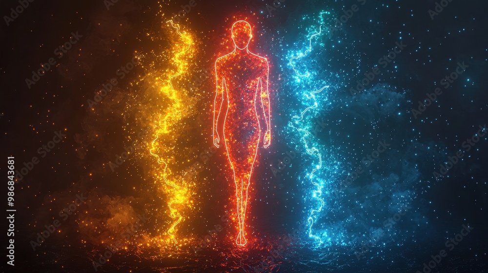 Fototapeta premium Glowing Human Silhouette with Fire and Ice Effects