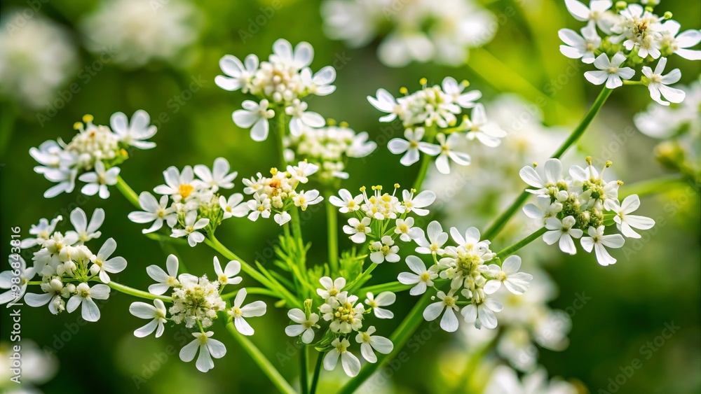 Vibrant cilantro flower blossoms unfurl, showcasing delicate white petals that gently wrap around bright yellow Vibrant cilantro flower blossoms unfurl, showcasing delicate white petals that gently wrap around bright yellow