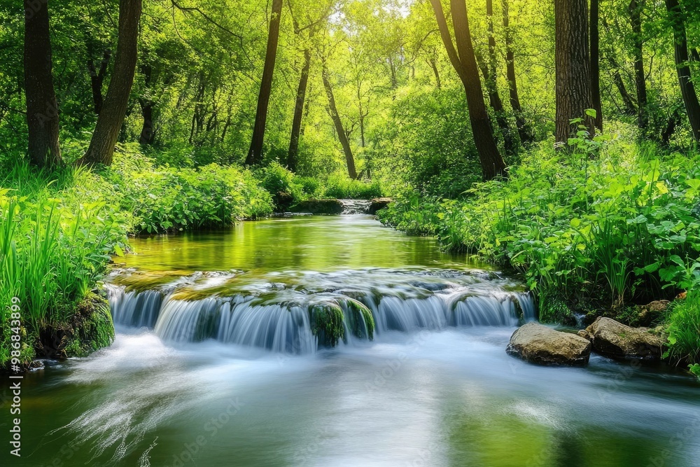 A serene outdoor nature scene with a calm river flowing through a forest full of vibrant greenery A serene outdoor nature scene with a calm river flowing through a forest full of vibrant greenery