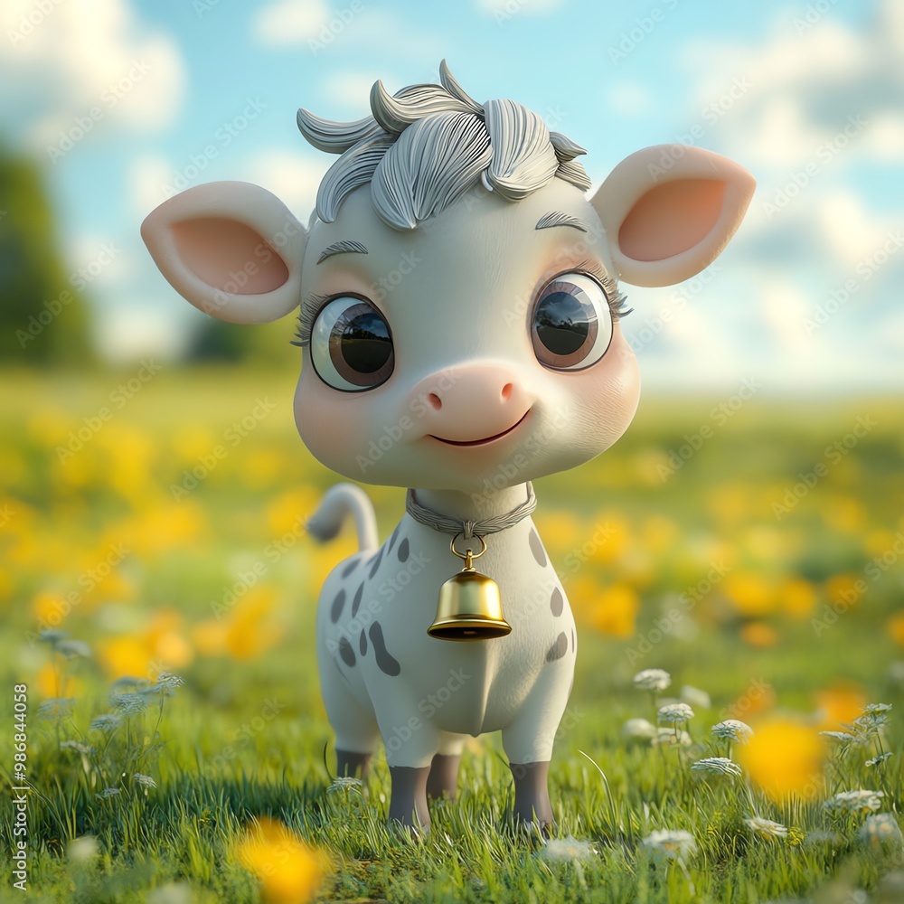 A cute cartoon calf stands in a vibrant meadow filled with flowers, radiating joy and playfulness under a bright blue sky. A cute cartoon calf stands in a vibrant meadow filled with flowers, radiating joy and playfulness under a bright blue sky.