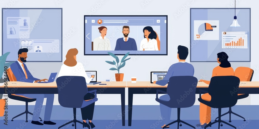 A conference room with professionals in a video conference, laptops and tablets connected, engaging with remote team members, highlighting modern connectivity A conference room with professionals in a video conference, laptops and tablets connected, engaging with remote team members, highlighting modern connectivity