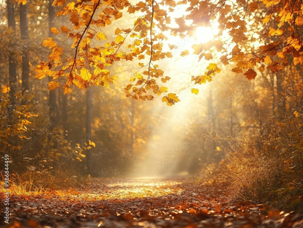 A sunbeam shining through a canopy of fall leaves in a peaceful forest, creating a magical atmosphere A sunbeam shining through a canopy of fall leaves in a peaceful forest, creating a magical atmosphere