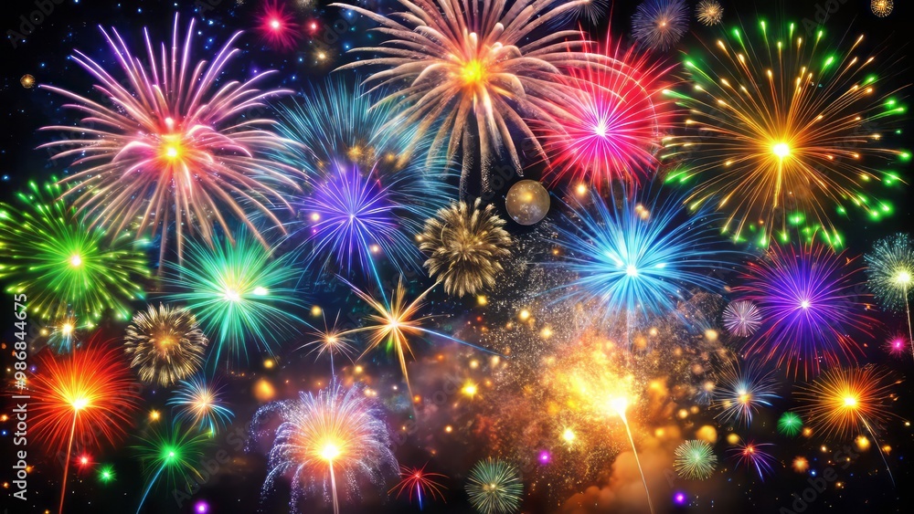 Fototapeta premium Vibrant fireworks and confetti erupt over a dark canvas, illuminating the night as the clock strikes midnight, marking