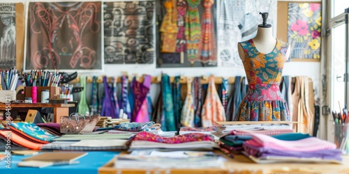 Fashion designer studio with an organized table, colorful textiles, dress forms, and sketchbooks, showcasing the process of designing unique fashion pieces