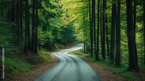 An outdoor travel adventure on a winding road through a forest, with tall trees lining the path