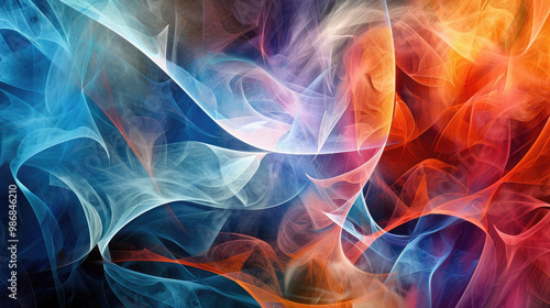 Vibrant abstract background featuring blend of bold angular shapes in blue, orange, and white hues, creating dynamic and energetic visual experience