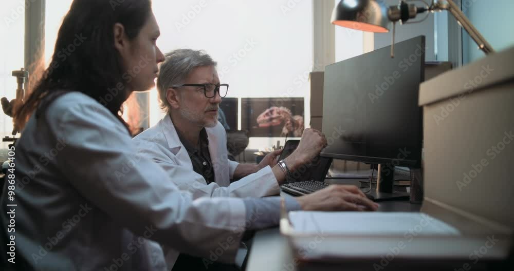 Male and female scientists discuss 3D model of human head anatomy displayed on PC and tablet computer screen, conduct scientific research. Archaeologists or paleontologists work in archaeological lab. Male and female scientists discuss 3D model of human head anatomy displayed on PC and tablet computer screen, conduct scientific research. Archaeologists or paleontologists work in archaeological lab.