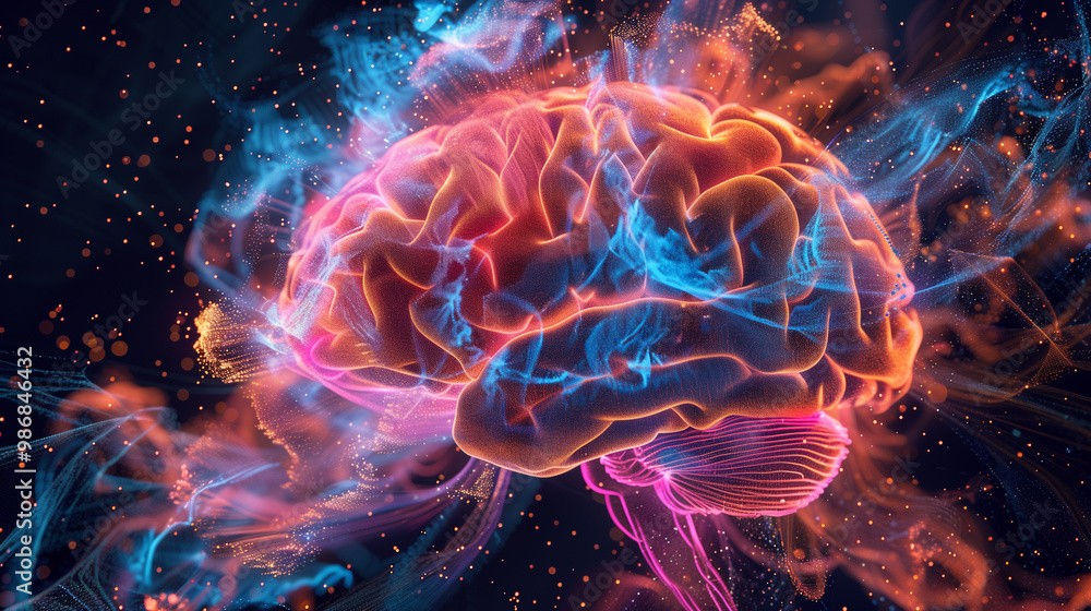 Abstract Visualization of a Human Brain with Electric Blue and Orange Energy Abstract Visualization of a Human Brain with Electric Blue and Orange Energy