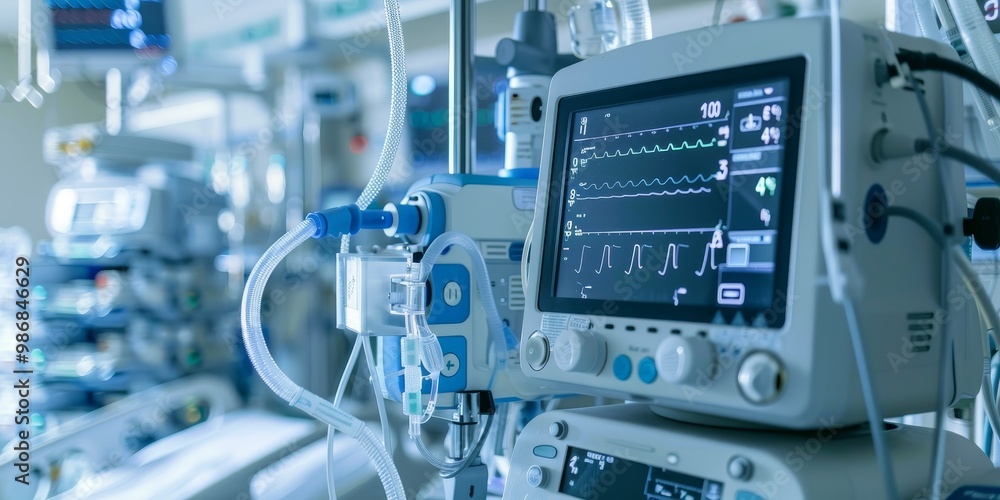 Ventilator setup in an ICU, with a focus on the machine's screen showing patient data, surrounded by life support apparatus and connected medical devices for intensive monitoring Ventilator setup in an ICU, with a focus on the machine's screen showing patient data, surrounded by life support apparatus and connected medical devices for intensive monitoring
