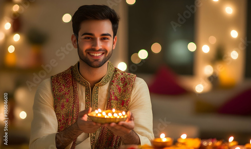 Indian smart couple eating sweet laddu on Diwali or anniversary photo