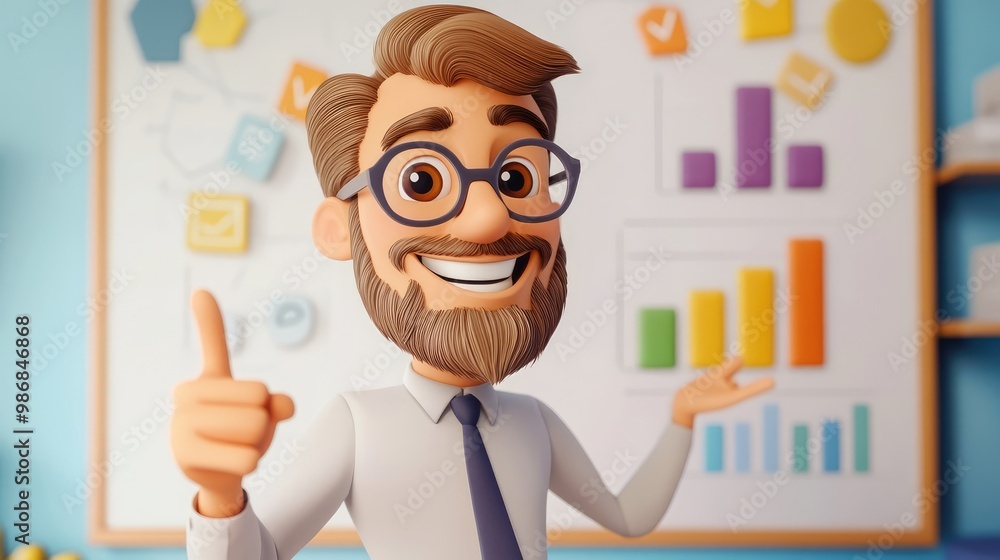 Cheerful Cartoon Character with Glasses Presenting Business Growth on Whiteboard Cheerful Cartoon Character with Glasses Presenting Business Growth on Whiteboard