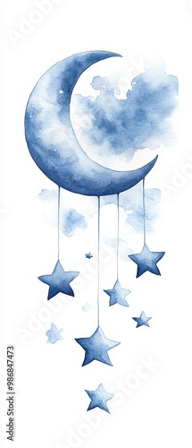 A blue moon with stars hanging from it