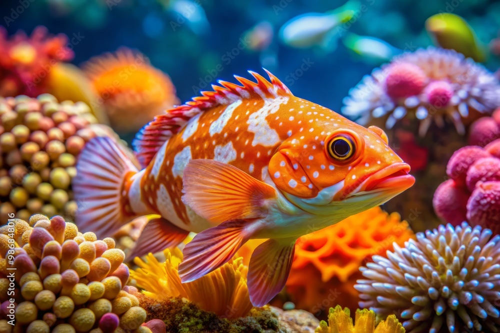 Vibrant orange and white spotted oyster fish dart among vibrant coral in crystal clear ocean water, their scales Vibrant orange and white spotted oyster fish dart among vibrant coral in crystal clear ocean water, their scales