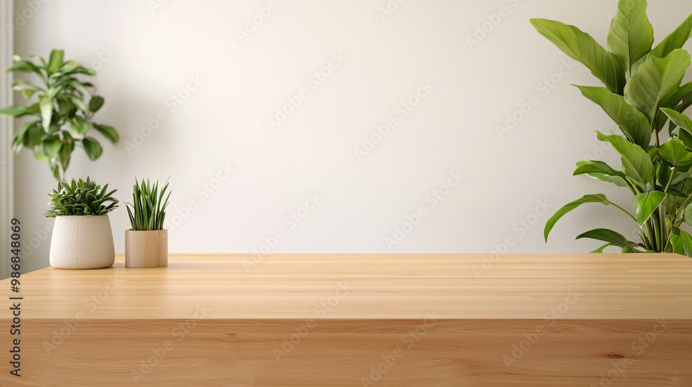 Minimalist workspace with potted plants and wooden desk Minimalist workspace with potted plants and wooden desk