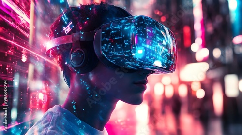Wallpaper Mural A teenager wearing a VR headset, immersed in a futuristic cyber world filled with vibrant neon colors and abstract digital elements. Torontodigital.ca