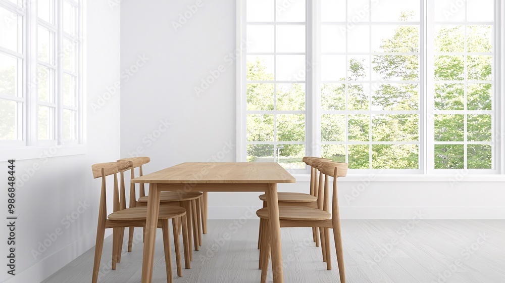 Bright dining room with wooden table and chairs Bright dining room with wooden table and chairs
