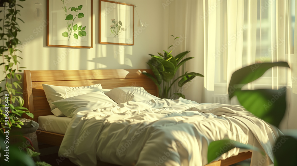 Sunlit Cozy Bedroom with Wooden Bed Frame and Indoor Plants Sunlit Cozy Bedroom with Wooden Bed Frame and Indoor Plants