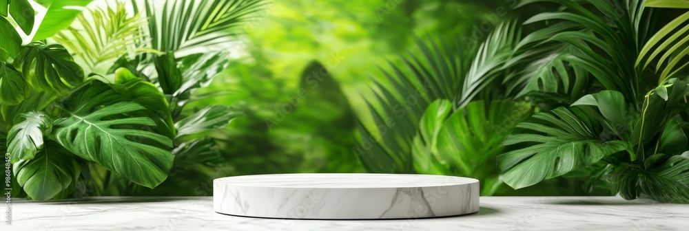 A sleek, organic-shaped marble podium sits elegantly amidst a vibrant backdrop of lush tropical leaves, evoking a sense of nature, serenity, and product display. A sleek, organic-shaped marble podium sits elegantly amidst a vibrant backdrop of lush tropical leaves, evoking a sense of nature, serenity, and product display.