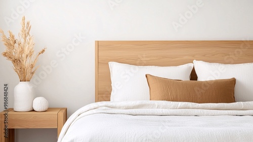 Minimalist bedroom with wooden headboard and decor