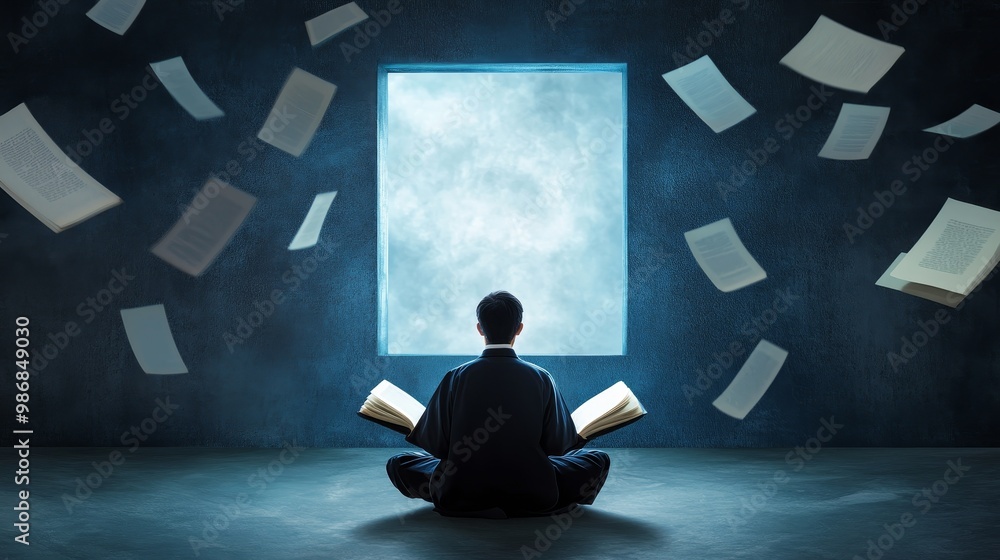 A solitary figure sits in deep contemplation, surrounded by swirling pages representing a vast sea of knowledge, finding inner peace amidst the flow of information. A solitary figure sits in deep contemplation, surrounded by swirling pages representing a vast sea of knowledge, finding inner peace amidst the flow of information.