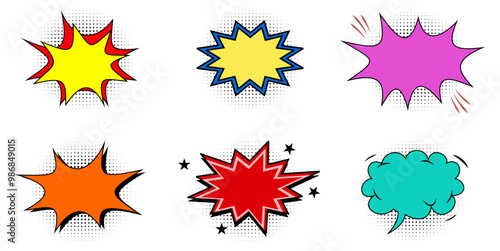 Set of blank empty editable cartoon effects explosion for meme expressions speech and pop art frames with black halftone shadows