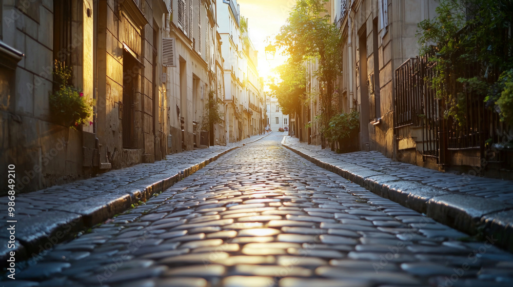 Naklejka premium A narrow cobblestone street with a tree in the middle