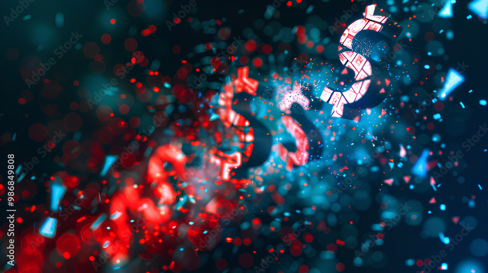 Digital graph showing a sharp downward trend with shattered dollar symbols Digital graph showing a sharp downward trend with shattered dollar symbols