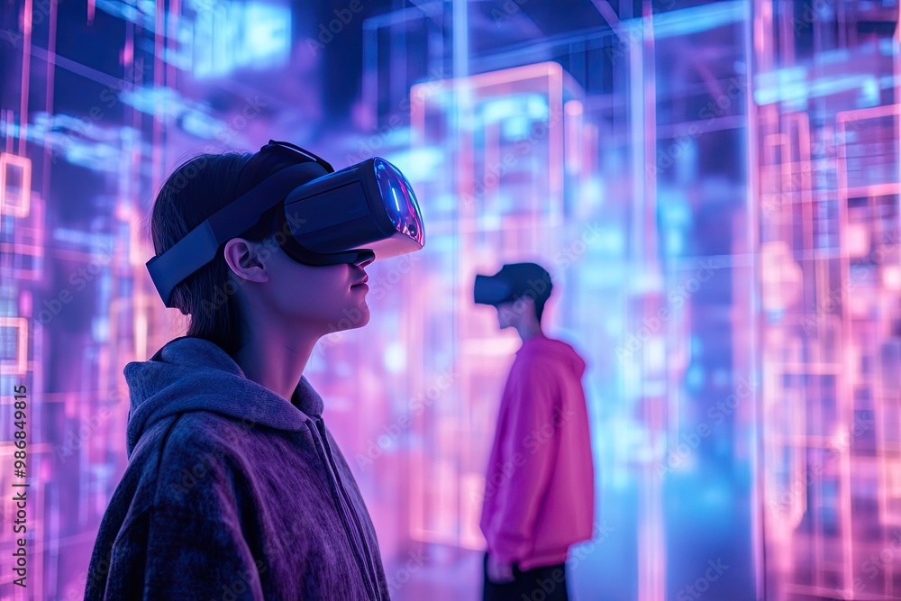Immersive technology experience with users interacting in a virtual world using VR headsets and haptic devices Immersive technology experience with users interacting in a virtual world using VR headsets and haptic devices