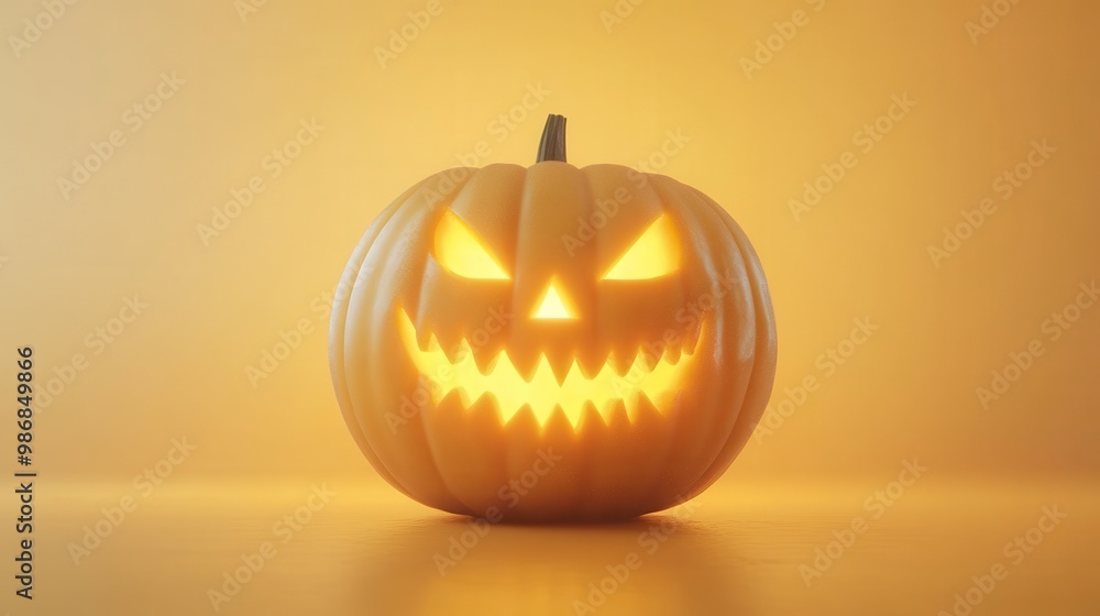 A pumpkin with a scary face is lit up in a yellowish light A pumpkin with a scary face is lit up in a yellowish light