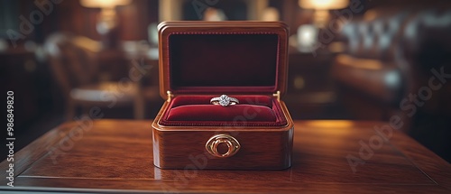 A diamond engagement ring sits in a wooden box on a table.