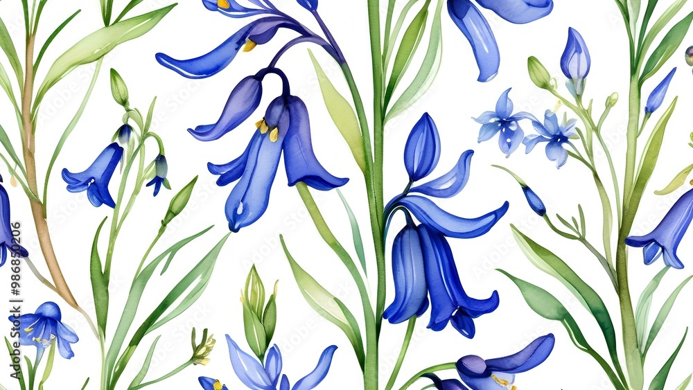 Fototapeta premium A beautiful seamless pattern featuring Bluebell flowers with delicate green stems and leaves, set against a white background. Perfect for spring-themed designs