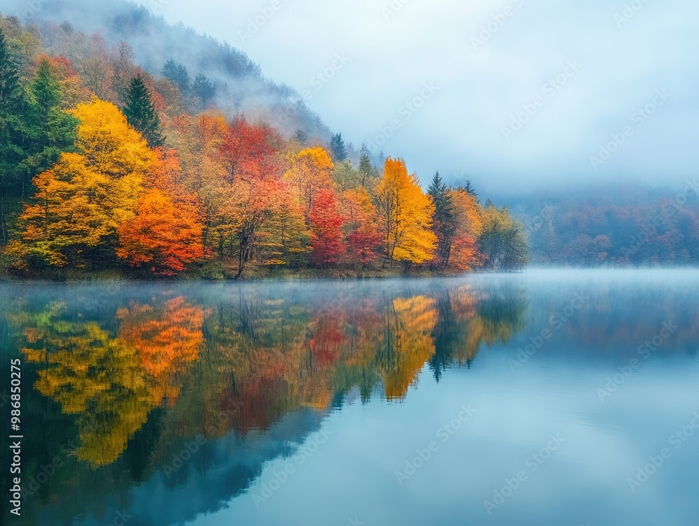 Mist rising in the early fall morning over a quiet lake, with vibrant autumn colors reflected in the water Mist rising in the early fall morning over a quiet lake, with vibrant autumn colors reflected in the water