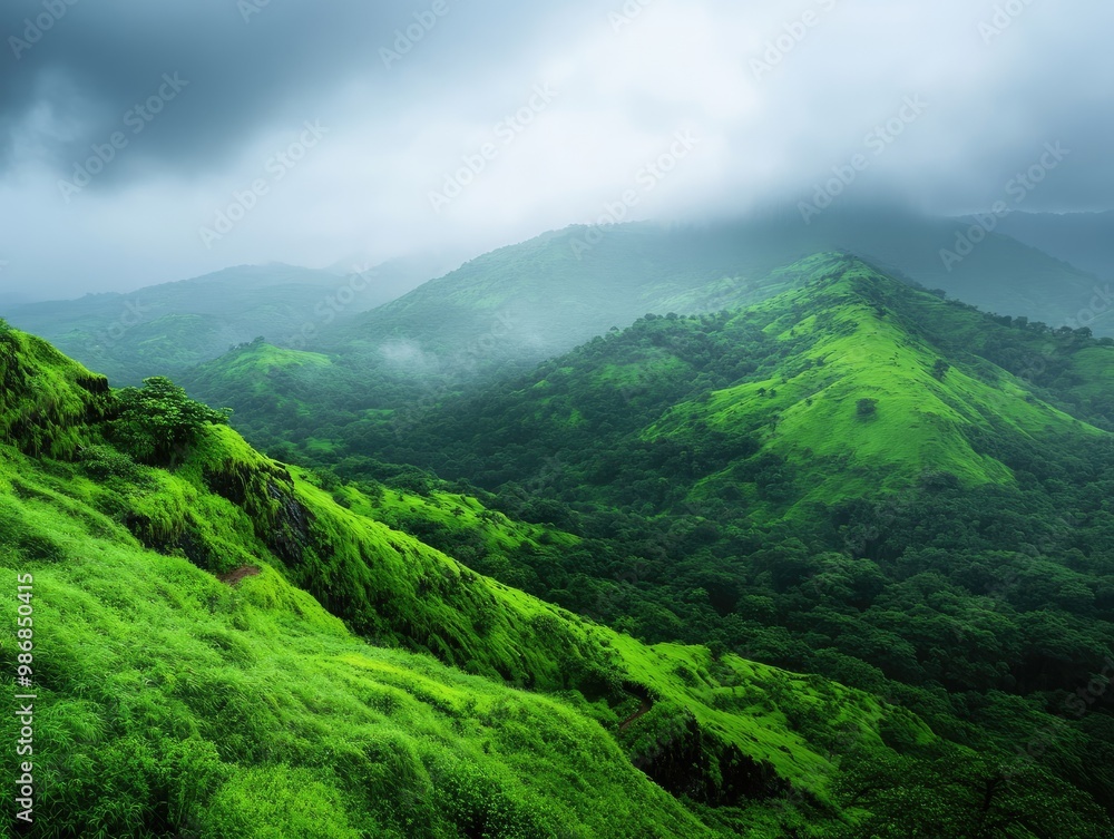 Naklejka premium Monsoon season in a lush green landscape, with heavy rains and mist covering the hills