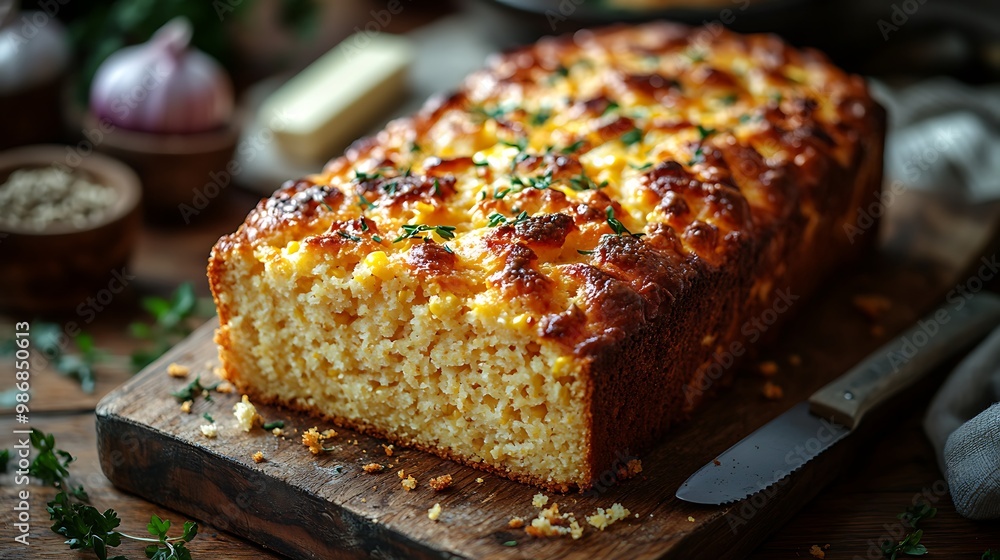 A freshly baked loaf of cornbread with a golden brown crust and a hint of herbs on a wooden cutting board. A freshly baked loaf of cornbread with a golden brown crust and a hint of herbs on a wooden cutting board.