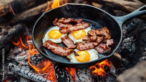 Outdoor cooking at a campsite, with a cast iron skillet over a fire, sizzling bacon and eggs