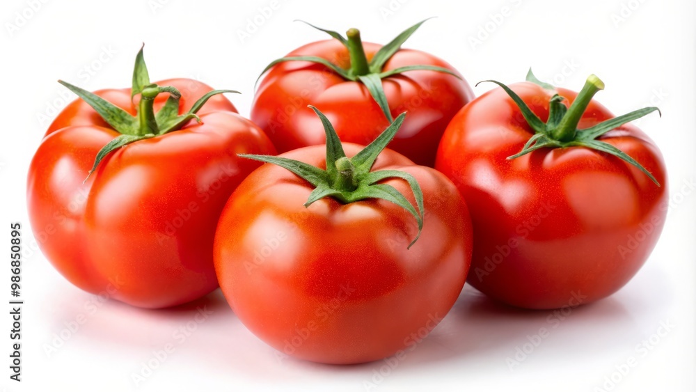 Vibrant red tomatoes, plump and ripe, rest on a pristine white background, inviting the viewer to savor their Vibrant red tomatoes, plump and ripe, rest on a pristine white background, inviting the viewer to savor their