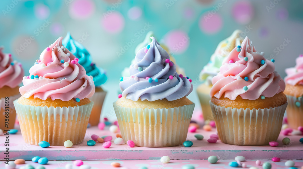 Assorted Pastel Cupcakes with Swirled Icing and Sprinkles Assorted Pastel Cupcakes with Swirled Icing and Sprinkles