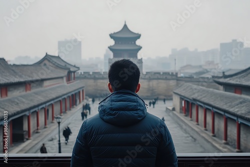 A lone visitor contemplates the ancient architecture of Xi'an photo