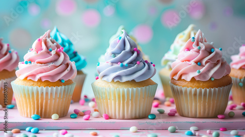 Assorted Pastel Cupcakes with Swirled Icing and Sprinkles