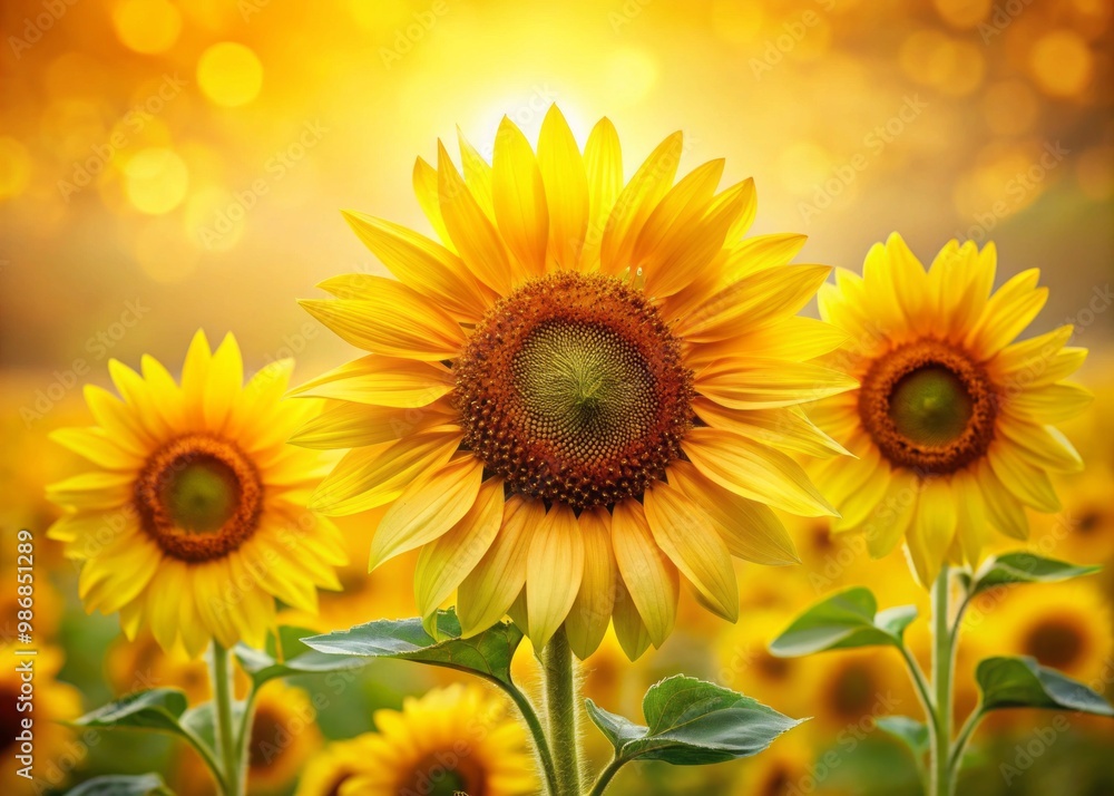 Obraz premium Vibrant sunflower blooms against a plain, yellow-hued background