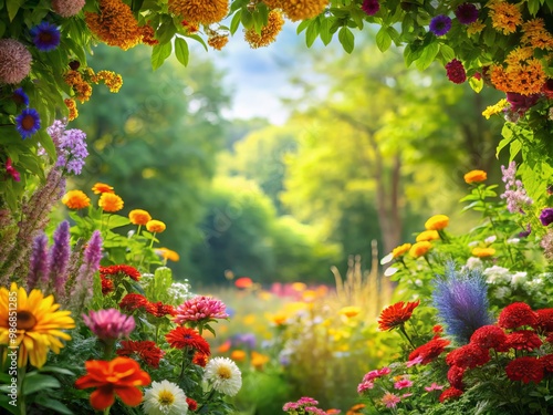 Vibrant summer flowers and lush greenery surround a serene focus point, blending softly into a warm, hazy backdrop,