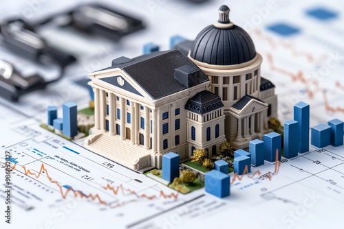 Municipal bonds visualized in a clean design with government buildings and rising financial charts
