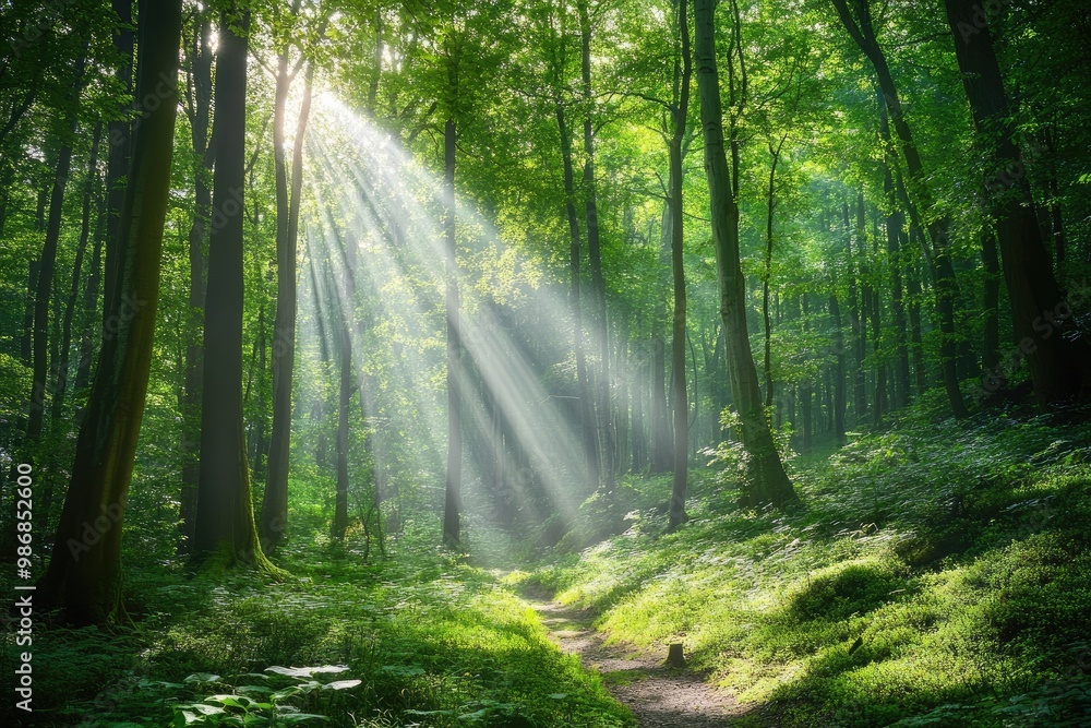 Summer season hike through a lush green forest, with sun rays filtering through the trees Summer season hike through a lush green forest, with sun rays filtering through the trees