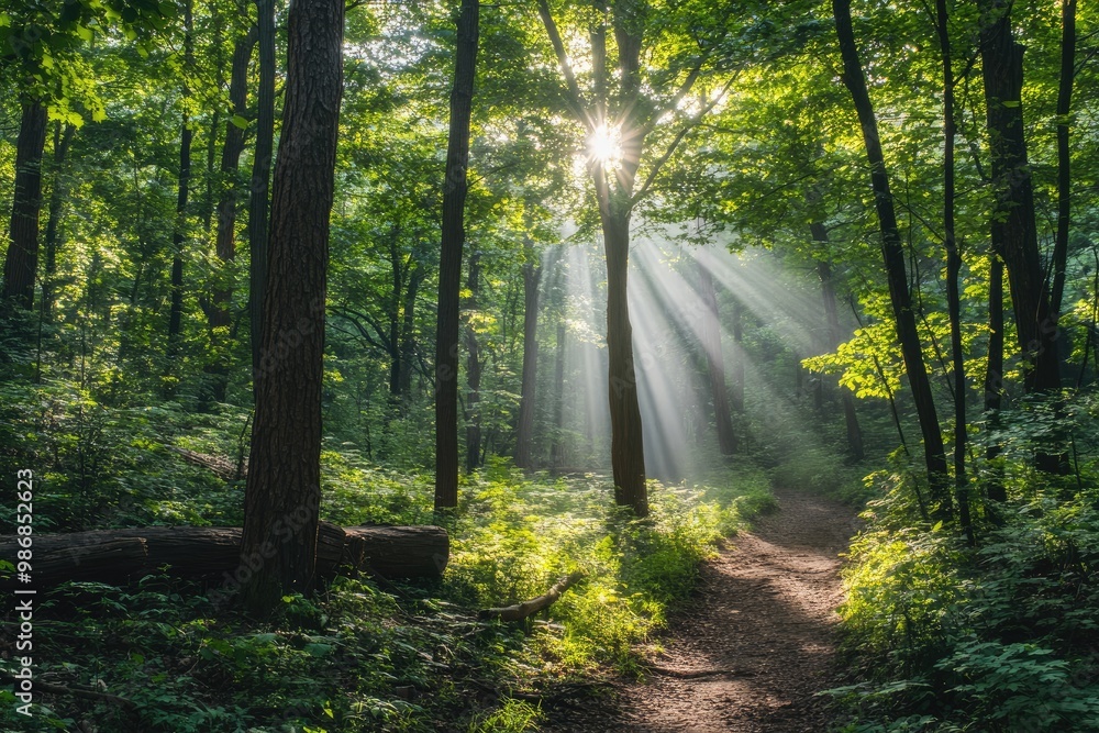 Obraz premium Summer season hike through a lush green forest, with sun rays filtering through the trees