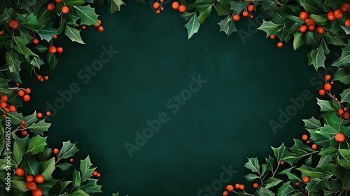 Dark Green Christmas Background: Dark green Christmas background with mistletoes frame, perfect for festive and holiday-themed designs.