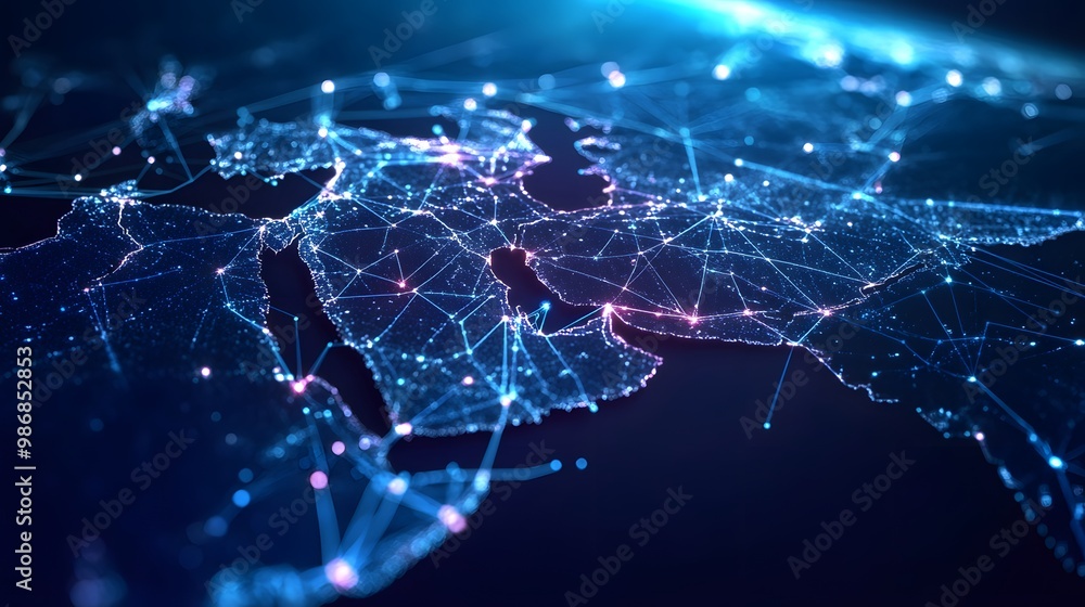 Abstract map of Saudi Arabia, Middle East and North Africa, concept of global network and connectivity, data transfer and cyber technology, information exchange and telecommunication. Abstract map of Saudi Arabia, Middle East and North Africa, concept of global network and connectivity, data transfer and cyber technology, information exchange and telecommunication.