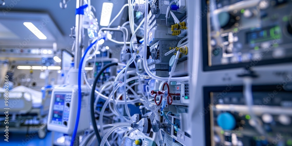 Ventilator and life support systems in a hospital's critical care unit, showing connected tubing, control panels, and various medical devices, highlighting the complexity of patient management Ventilator and life support systems in a hospital's critical care unit, showing connected tubing, control panels, and various medical devices, highlighting the complexity of patient management