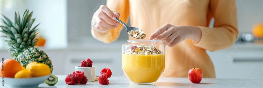 A woman prepares a healthy breakfast, adding muesli to a bowl of fresh fruit. The image showcases the concept of healthy eating, a balanced diet, and the importance of starting the day right with nutr A woman prepares a healthy breakfast, adding muesli to a bowl of fresh fruit. The image showcases the concept of healthy eating, a balanced diet, and the importance of starting the day right with nutr