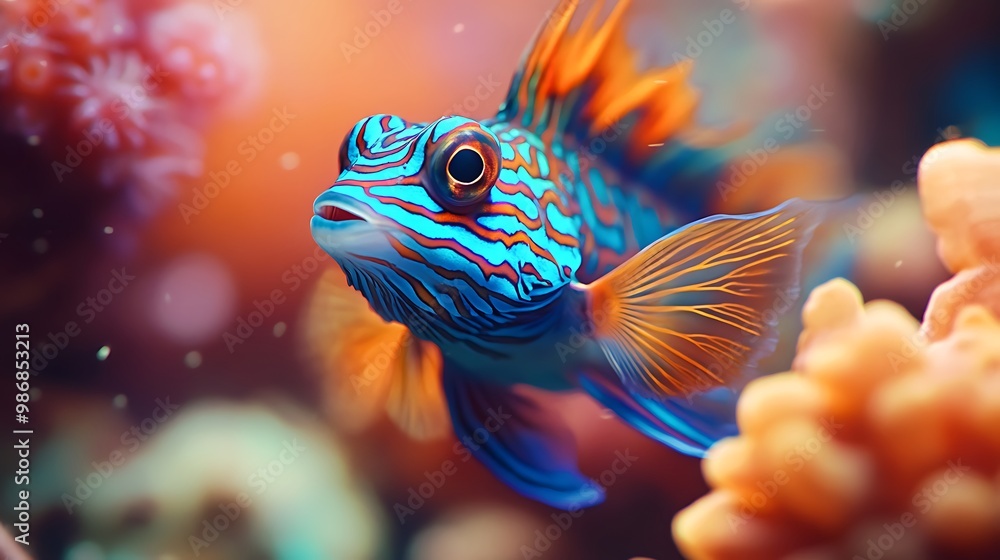 Fototapeta premium Striped Mandarin Fish Swimming Near Coral